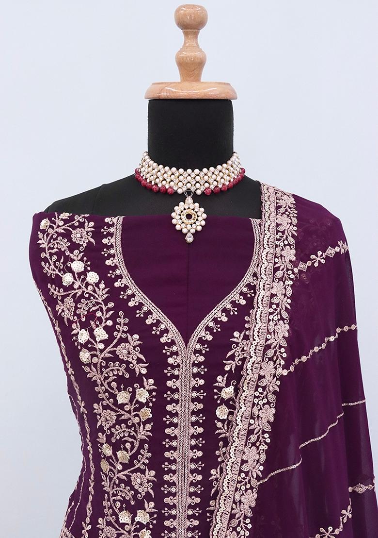 Wine Embroidered Georgette Anarkali Set With Dupatta - Indya