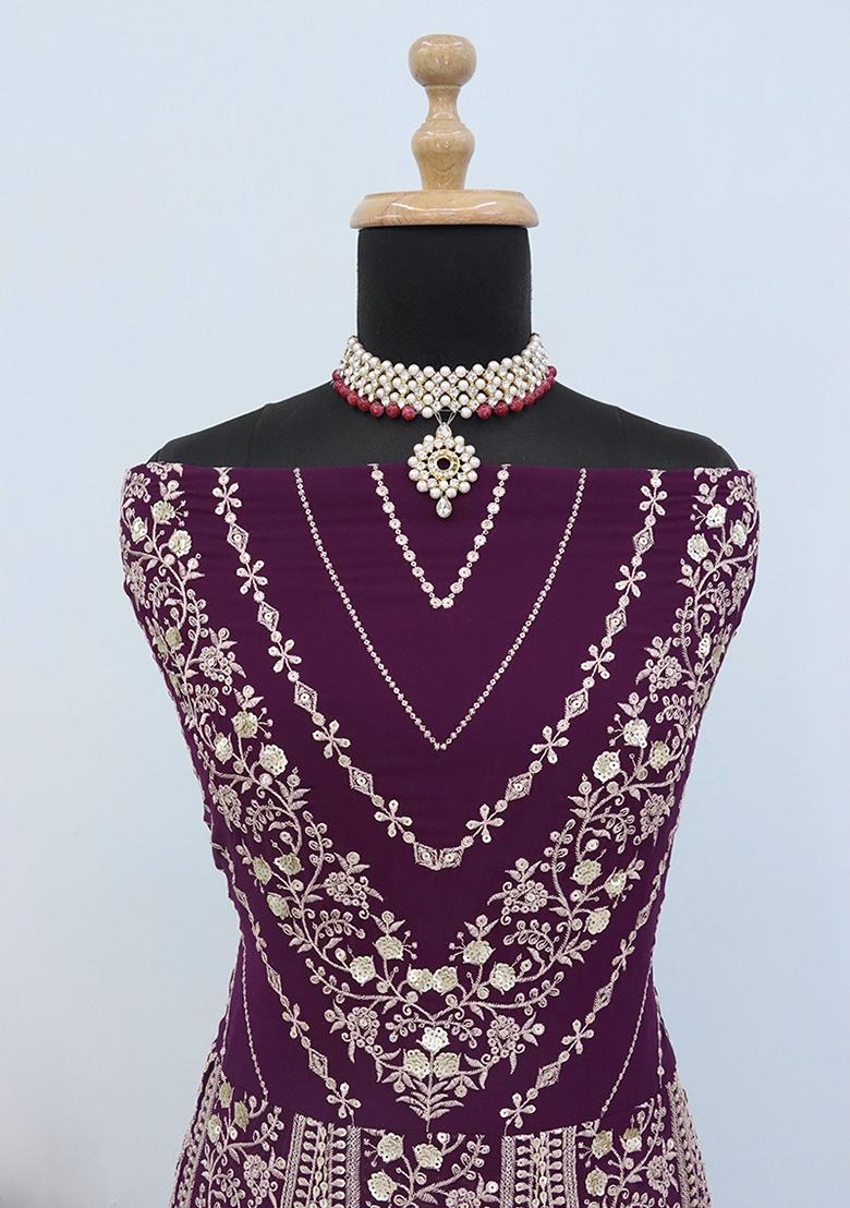 Wine Embroidered Georgette Anarkali Set With Dupatta - Indya