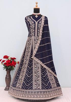 Blue Embroidered Georgette Anarkali Set With Dupatta