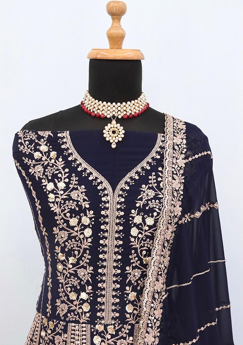 Blue Embroidered Georgette Anarkali Set With Dupatta - Indya