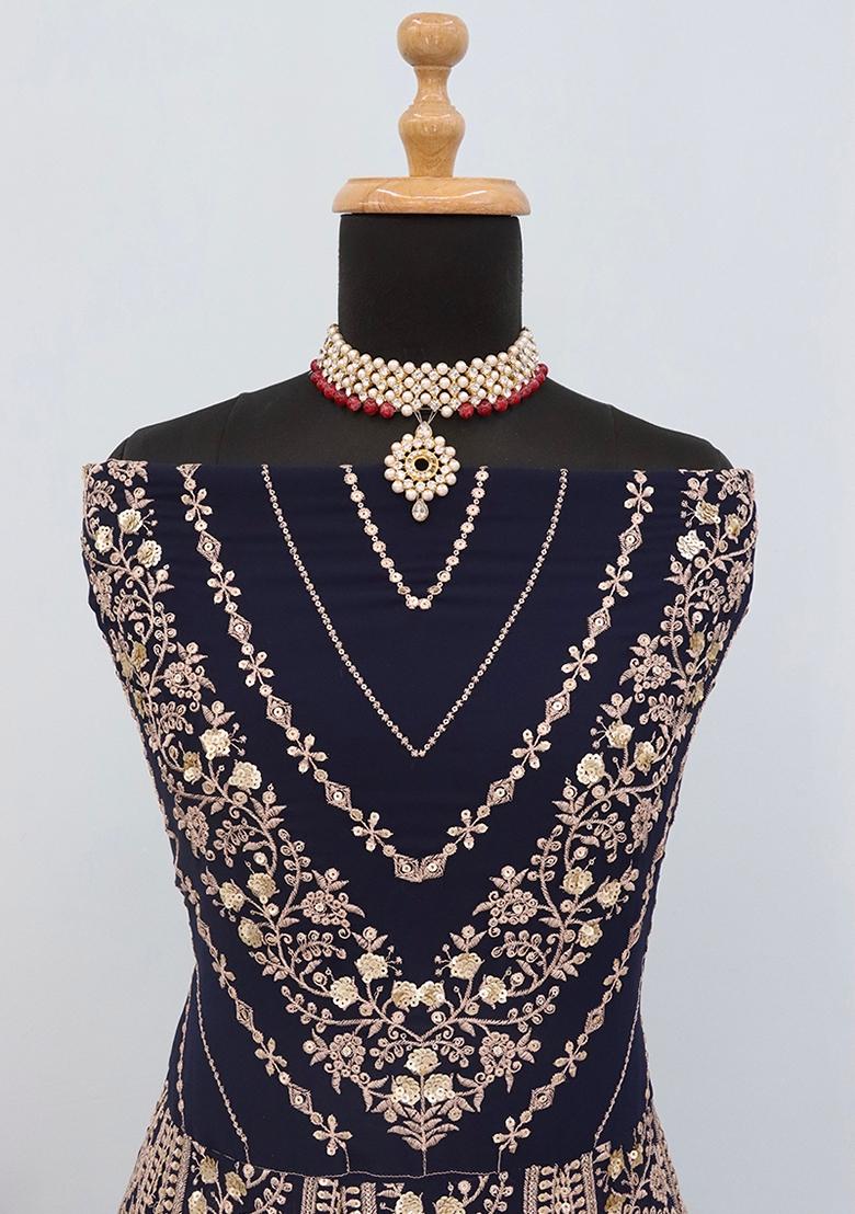 Blue Embroidered Georgette Anarkali Set With Dupatta - Indya