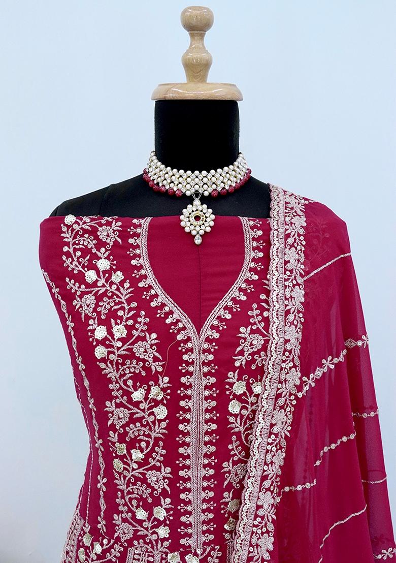 Pink Embroidered Georgette Anarkali Set With Dupatta - Indya