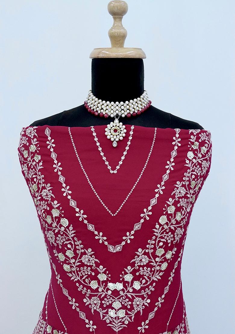 Pink Embroidered Georgette Anarkali Set With Dupatta - Indya