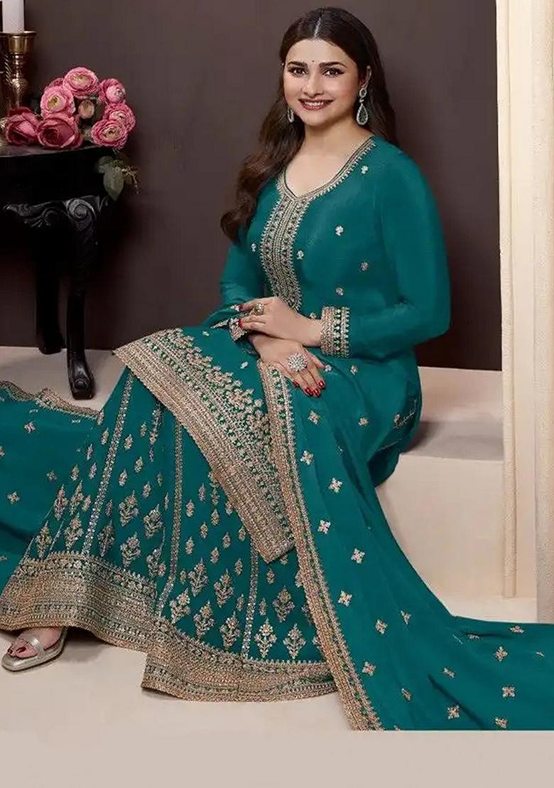 Blue Embroidered Chinon Sharara Set With Dupatta - Indya