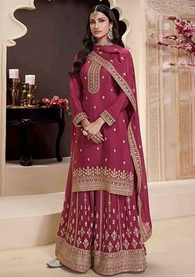 Maroon Embroidered Chinon Sharara Set With Dupatta