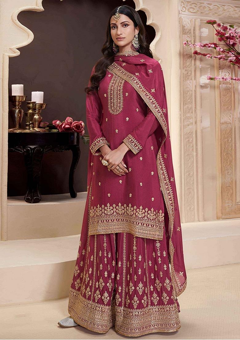 Maroon Embroidered Chinon Sharara Set With Dupatta - Indya