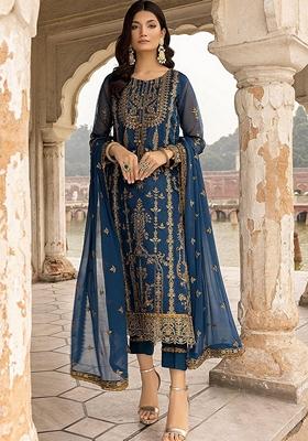 Blue Embroidered Georgette Salwar Kameez With Dupatta
