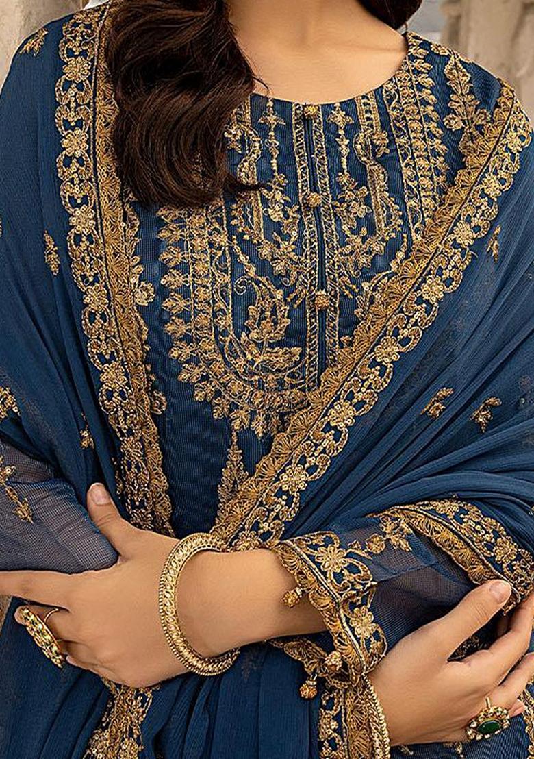 Blue Embroidered Georgette Salwar Kameez With Dupatta - Indya
