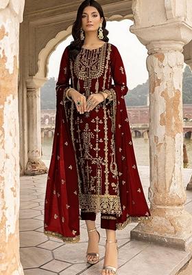 Maroon Embroidered Georgette Salwar Kameez With Dupatta
