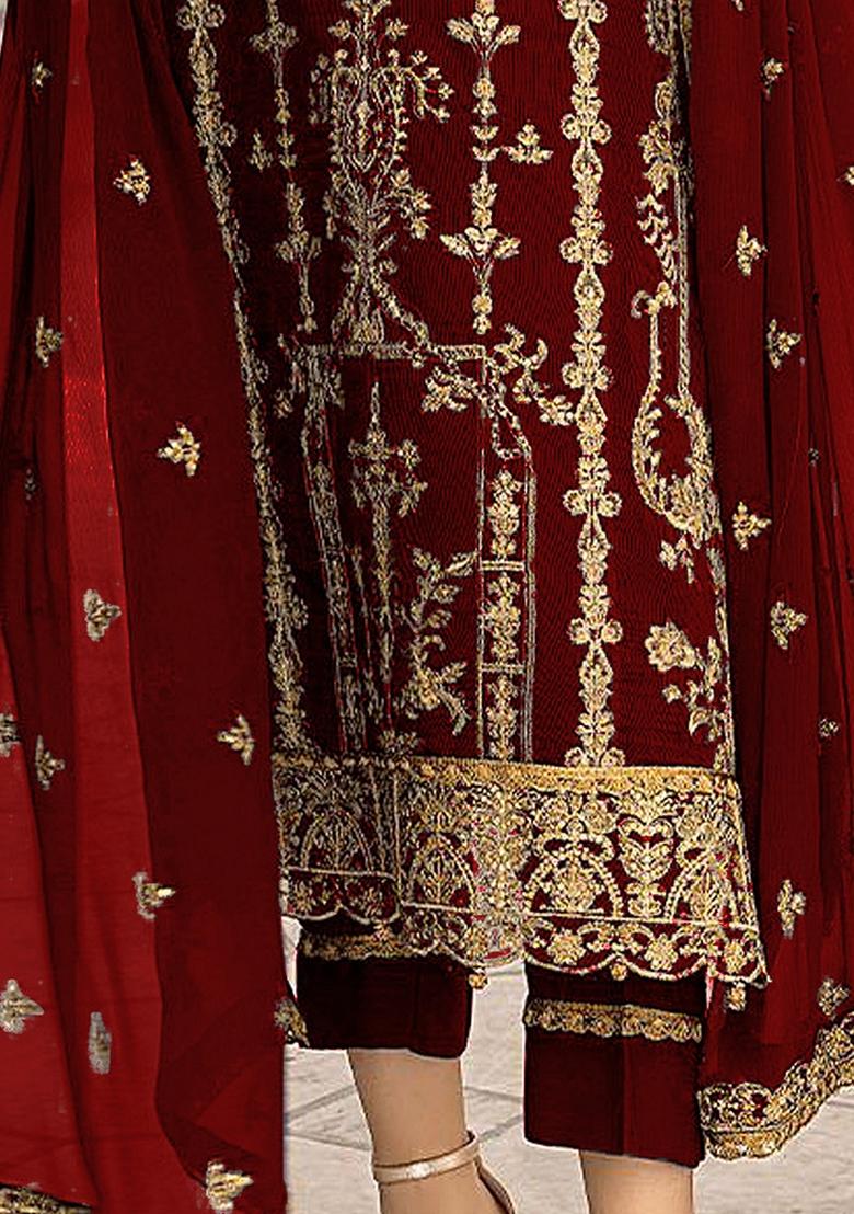 Maroon Embroidered Georgette Salwar Kameez With Dupatta - Indya