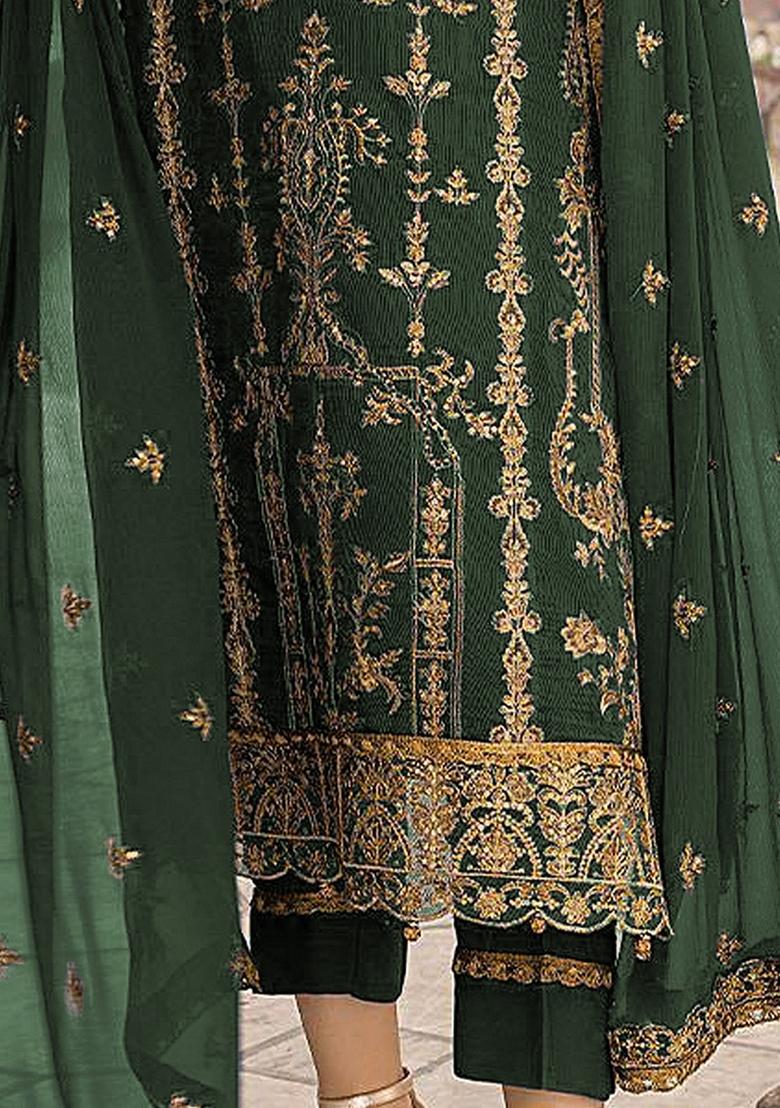 Green Embroidered Georgette Salwar Kameez With Dupatta - Indya