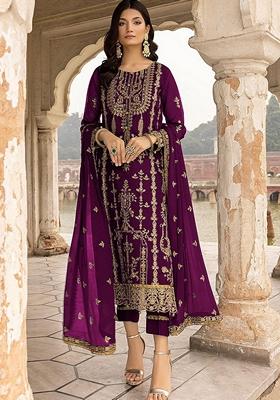 Wine Embroidered Georgette Salwar Kameez With Dupatta