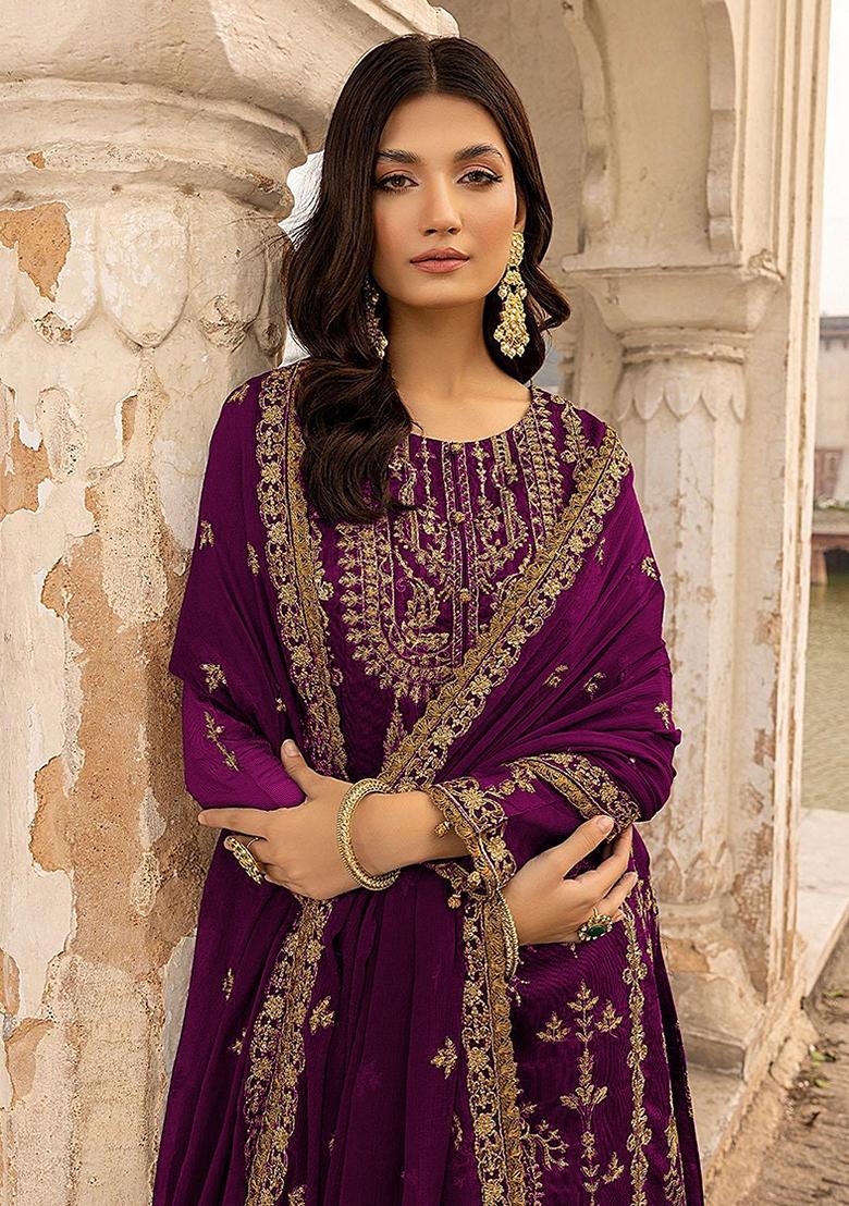 Wine Embroidered Georgette Salwar Kameez With Dupatta - Indya
