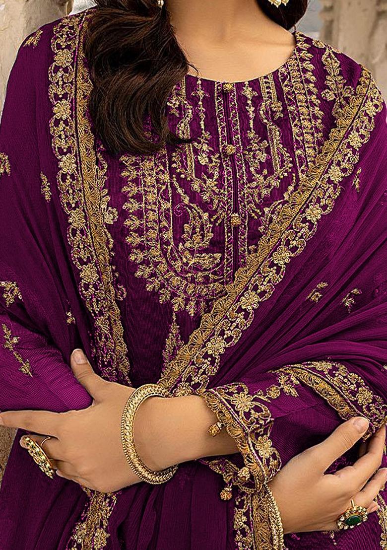 Wine Embroidered Georgette Salwar Kameez With Dupatta - Indya