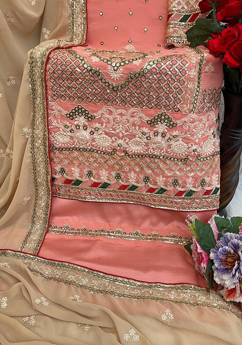 Peach Embroidered Georgette Salwar Kameez With Dupatta - Indya