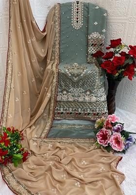 Grey Embroidered Georgette Salwar Kameez With Dupatta