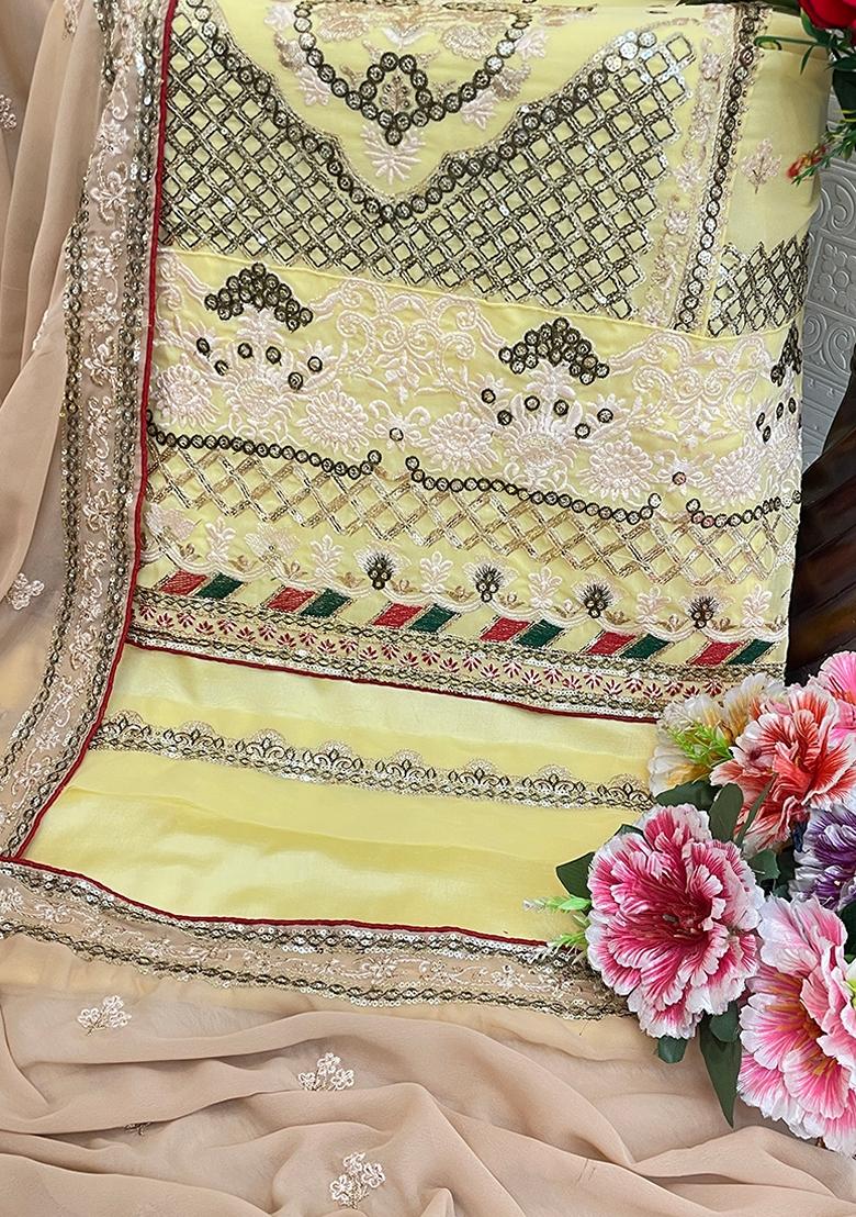 Yellow Embroidered Georgette Salwar Kameez With Dupatta - Indya