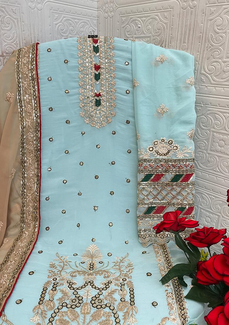 Blue Embroidered Georgette Salwar Kameez With Dupatta - Indya