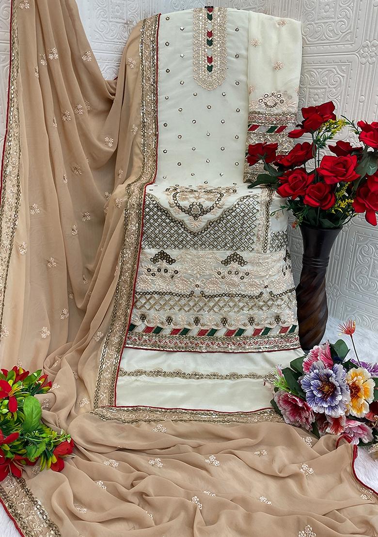 White Embroidered Georgette Salwar Kameez With Dupatta - Indya