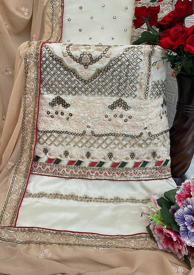 White Embroidered Georgette Salwar Kameez With Dupatta - Indya