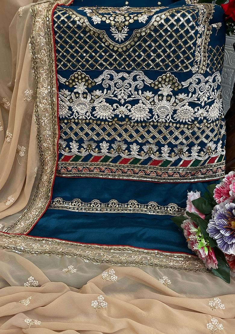 Blue Embroidered Georgette Salwar Kameez With Dupatta - Indya