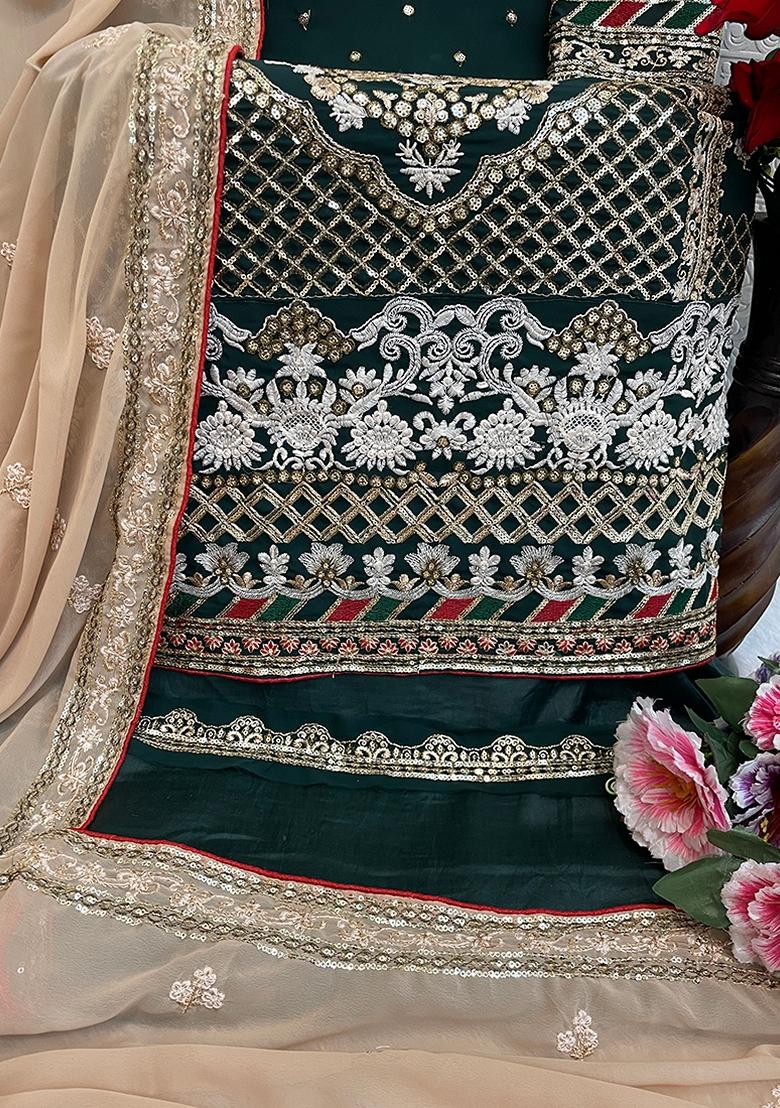 Brown Embroidered Georgette Salwar Kameez With Dupatta - Indya