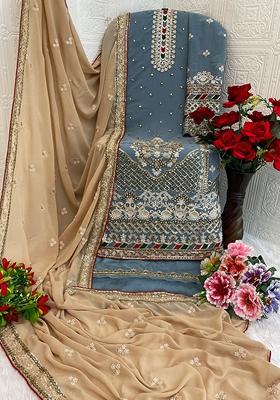 Grey Embroidered Georgette Salwar Kameez With Dupatta