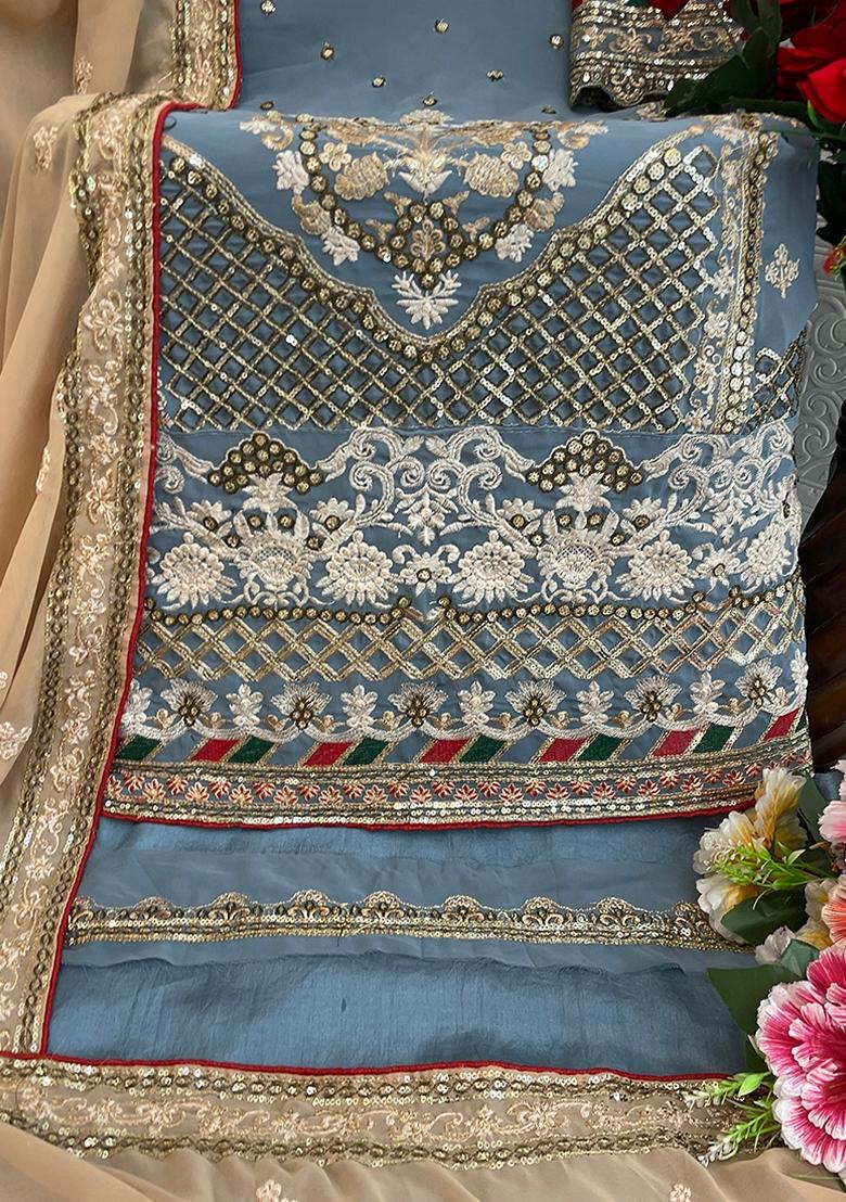 Grey Embroidered Georgette Salwar Kameez With Dupatta - Indya