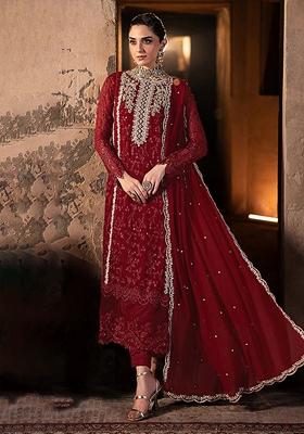 Maroon Embroidered Georgette Salwar Kameez With Dupatta