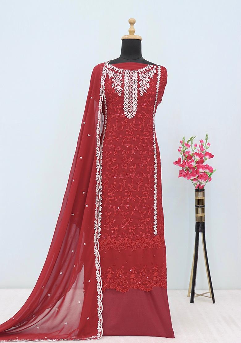 Maroon Embroidered Georgette Salwar Kameez With Dupatta - Indya