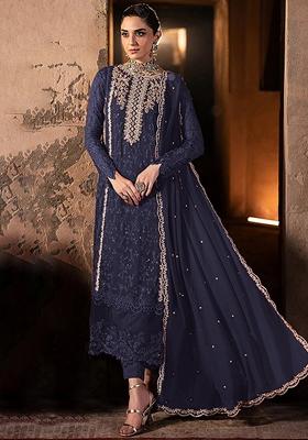 Blue Embroidered Georgette Salwar Kameez With Dupatta