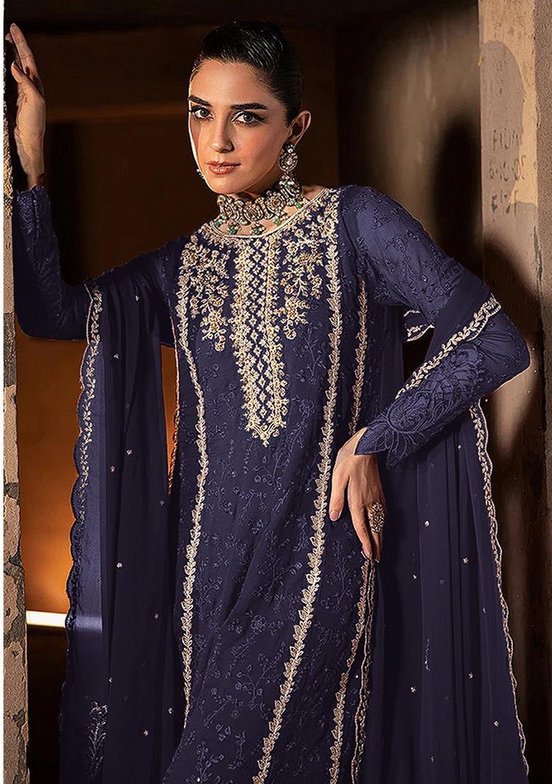 Blue Embroidered Georgette Salwar Kameez With Dupatta - Indya