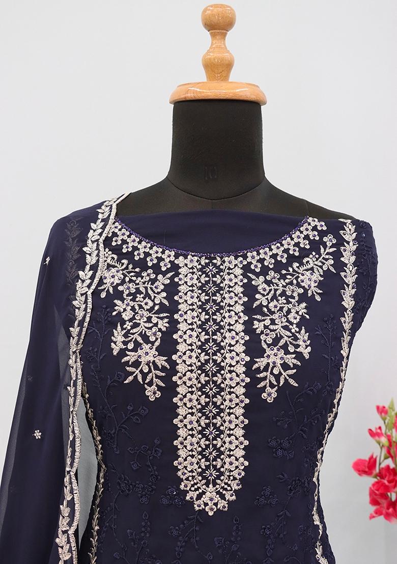Blue Embroidered Georgette Salwar Kameez With Dupatta - Indya