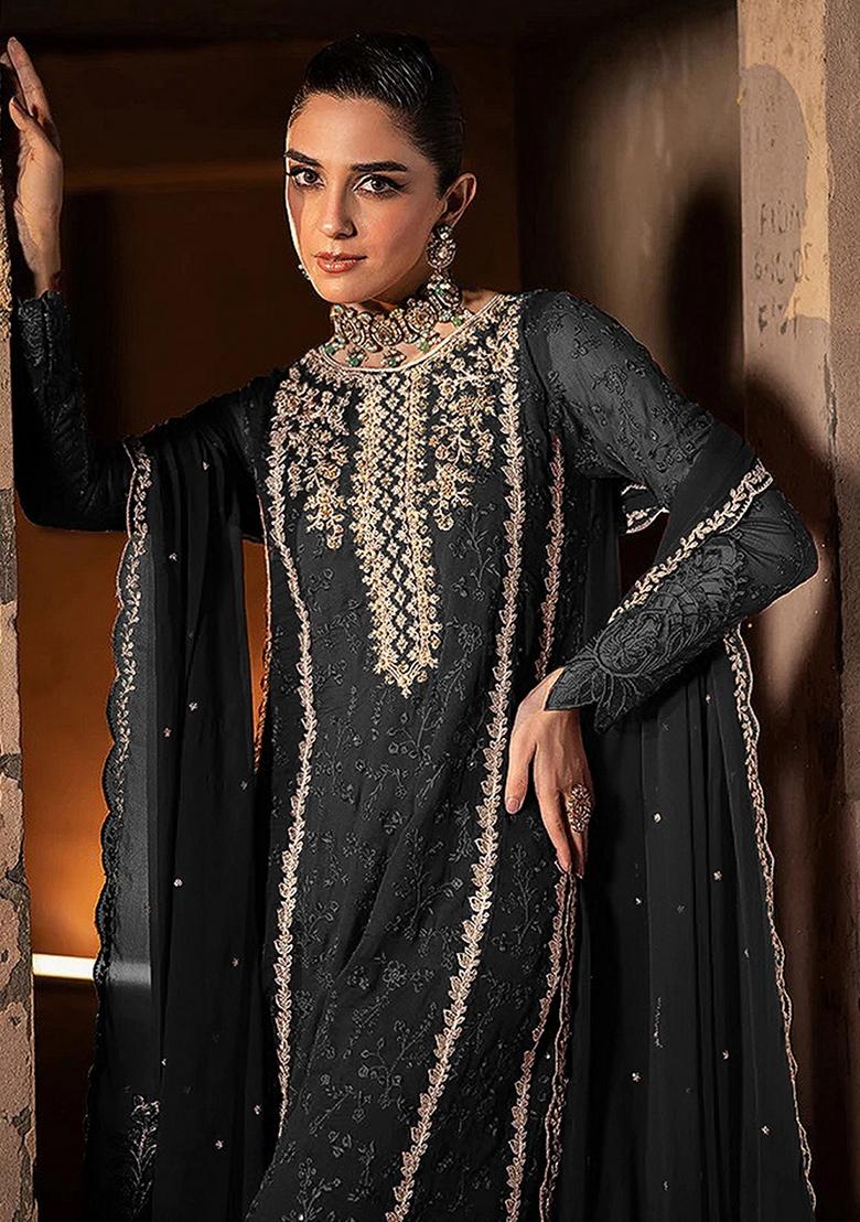 Black Embroidered Georgette Salwar Kameez With Dupatta - Indya