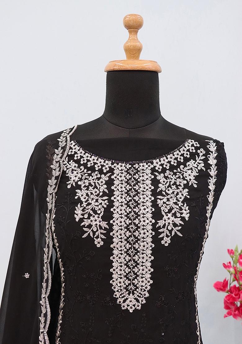Black Embroidered Georgette Salwar Kameez With Dupatta - Indya