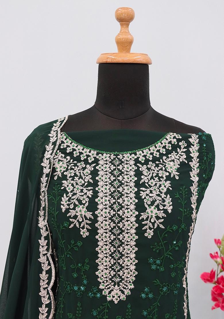 Green Embroidered Georgette Salwar Kameez With Dupatta - Indya