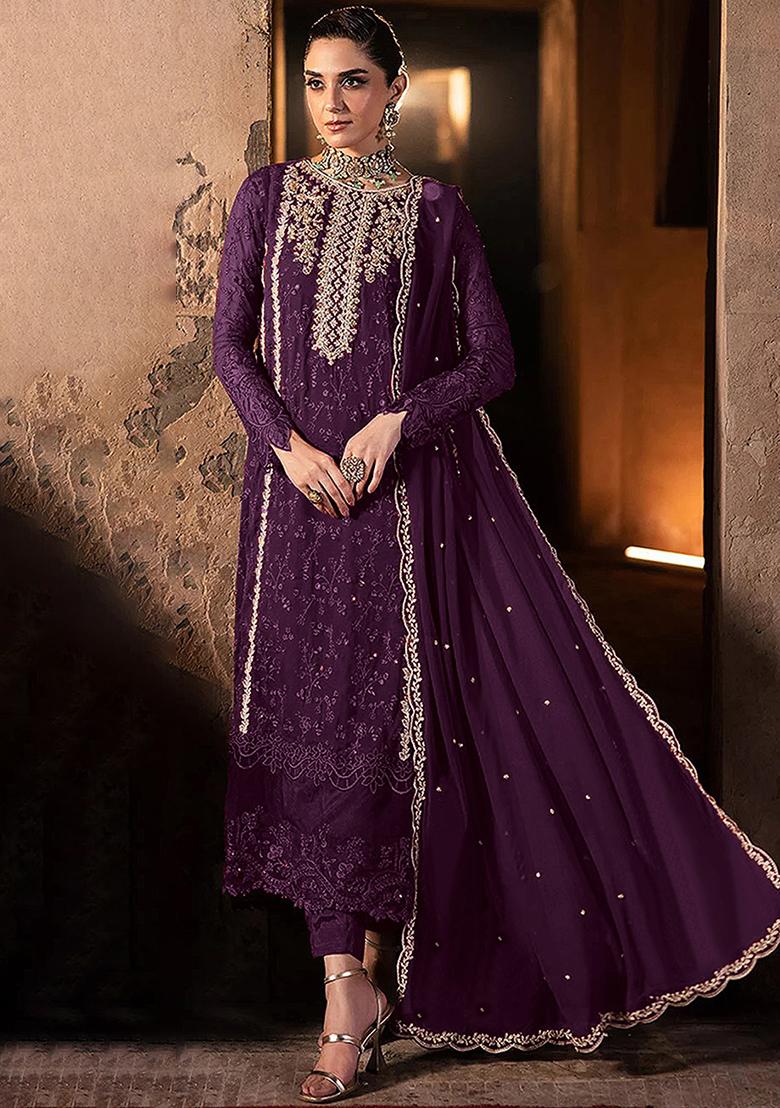 Purple Embroidered Georgette Salwar Kameez With Dupatta - Indya