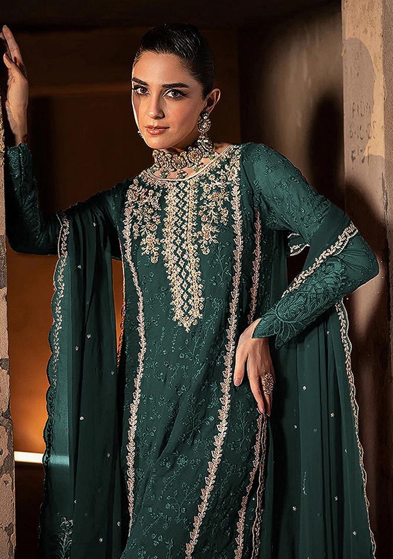 Brown Embroidered Georgette Salwar Kameez With Dupatta - Indya