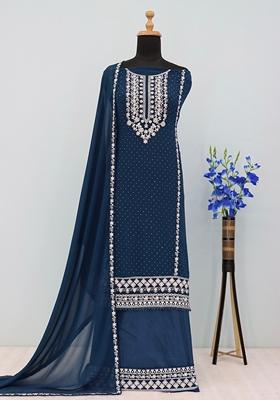 Blue Embroidered Georgette Salwar Kameez With Dupatta