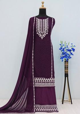 Wine Embroidered Georgette Salwar Kameez With Dupatta