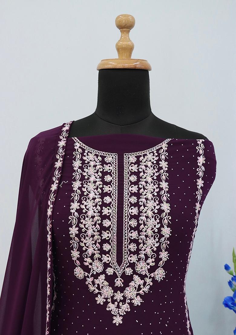 Wine Embroidered Georgette Salwar Kameez With Dupatta - Indya