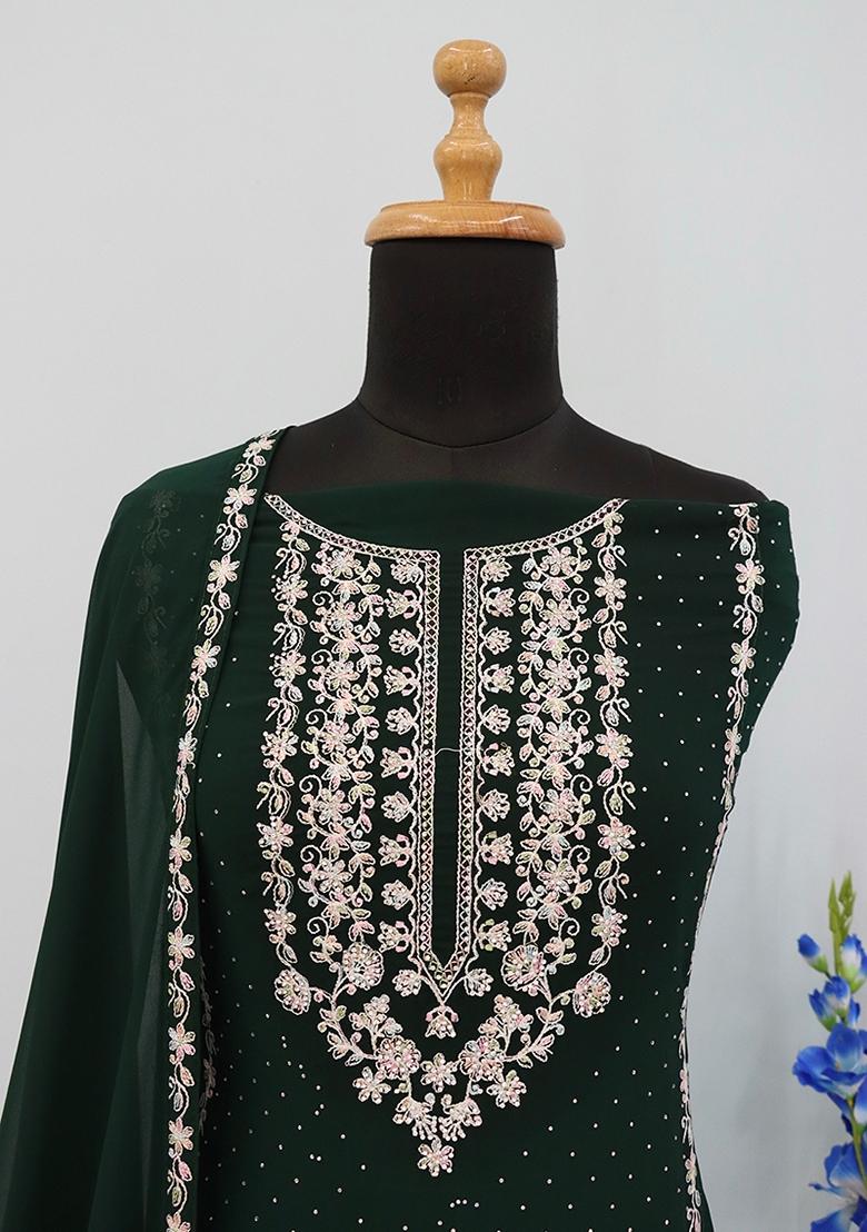 Green Embroidered Georgette Salwar Kameez With Dupatta - Indya