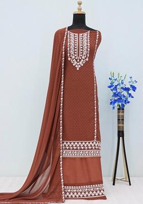 Brown Embroidered Georgette Salwar Kameez With Dupatta