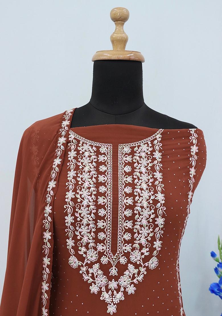 Brown Embroidered Georgette Salwar Kameez With Dupatta - Indya