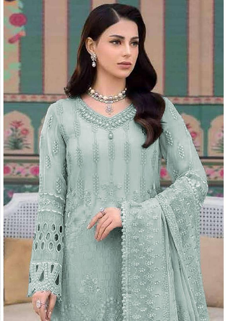 Blue Embroidered Georgette Salwar Kameez With Dupatta - Indya