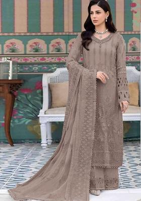 Brown Embroidered Georgette Salwar Kameez With Dupatta