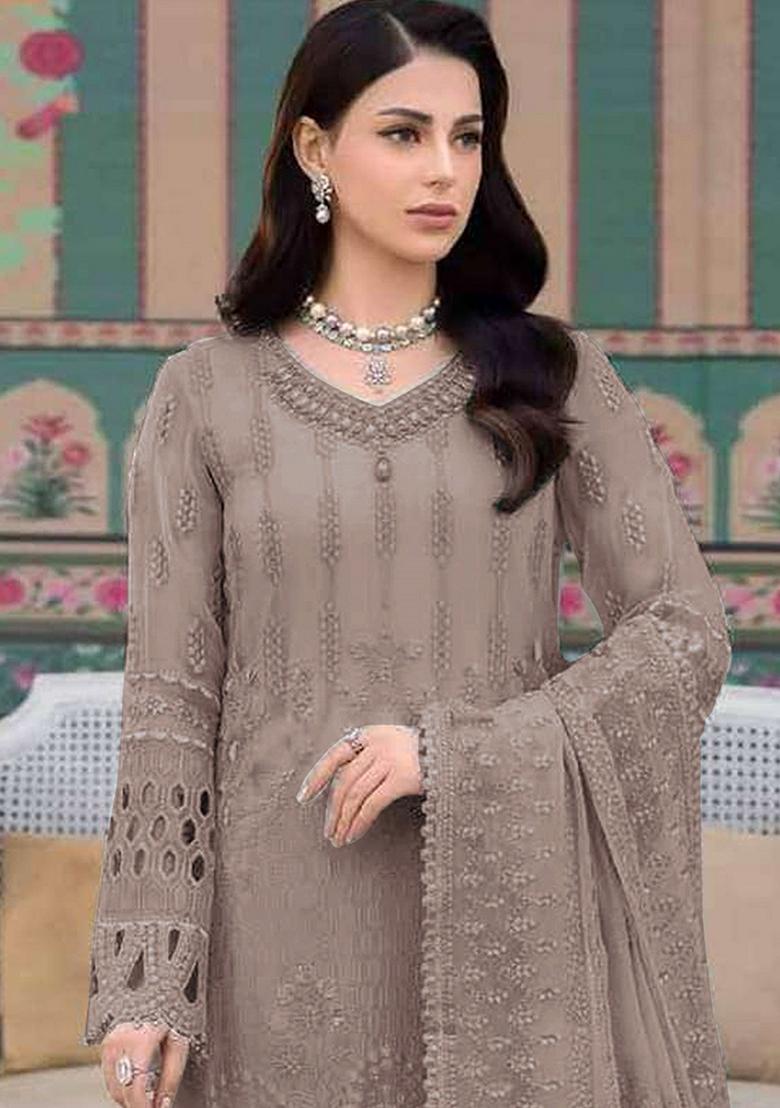 Brown Embroidered Georgette Salwar Kameez With Dupatta - Indya