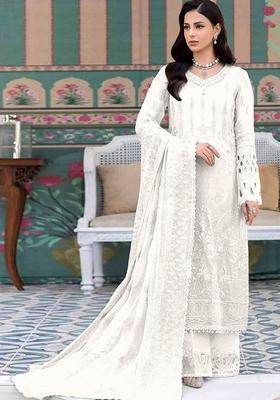 White Embroidered Georgette Salwar Kameez With Dupatta