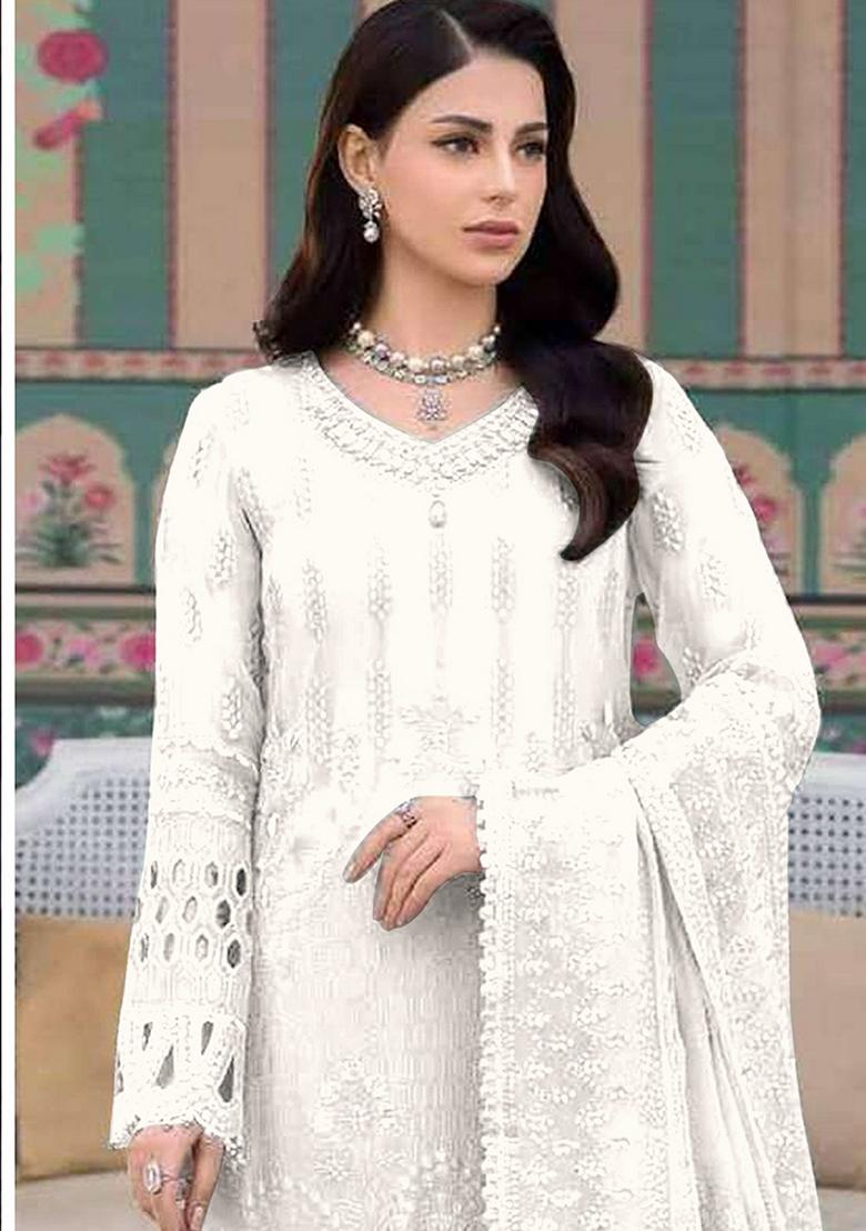 White Embroidered Georgette Salwar Kameez With Dupatta - Indya