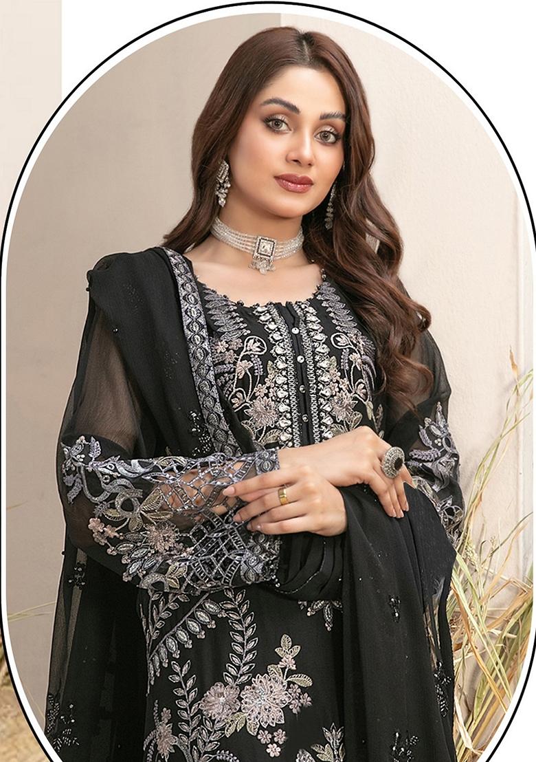 Black Embroidered Georgette Salwar Kameez With Dupatta - Indya